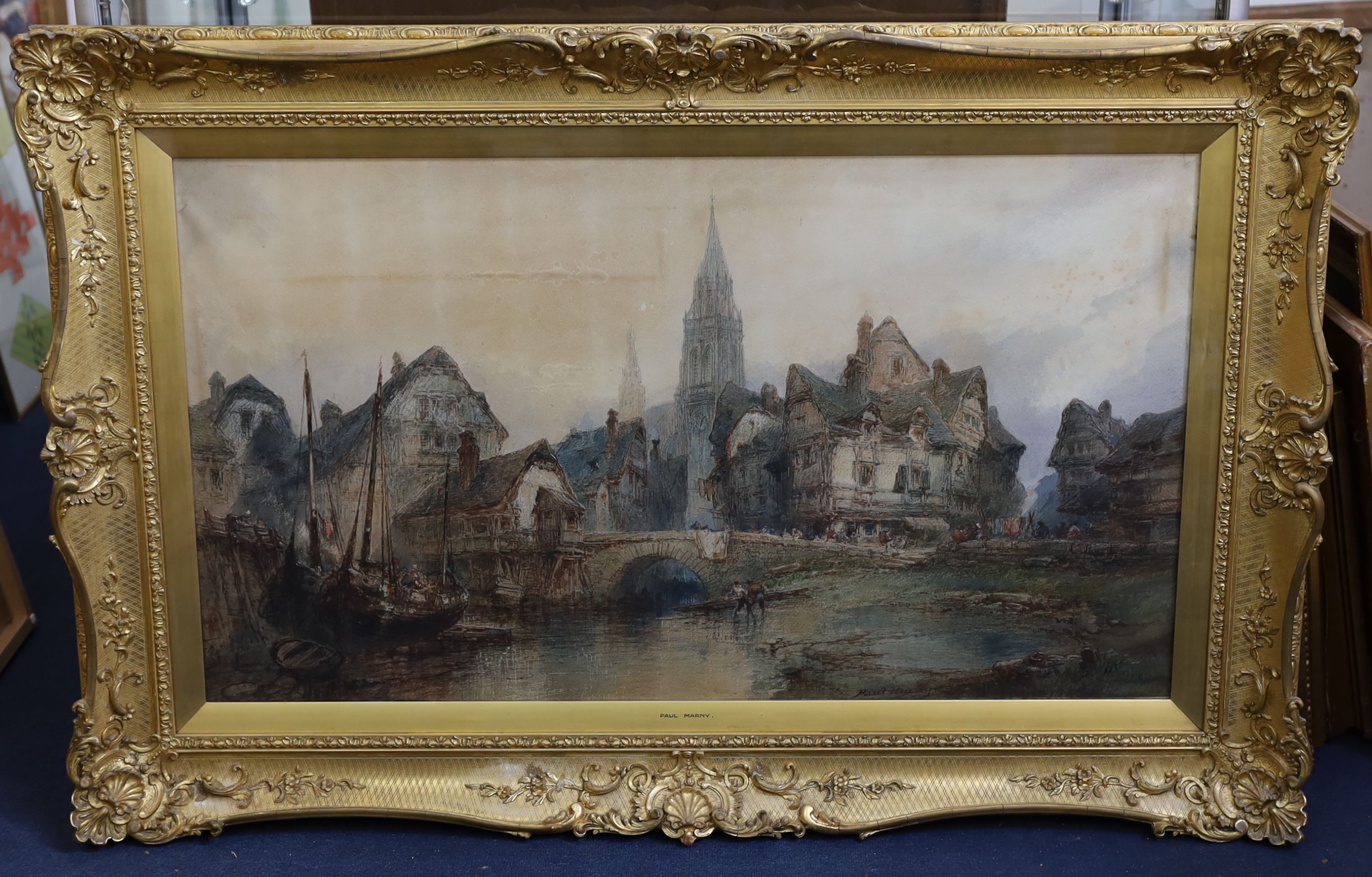 Paul Marny (1829-1914), Views on the river at Lyon, near pair of watercolours, 60 x 105cm and 58 x 106cm